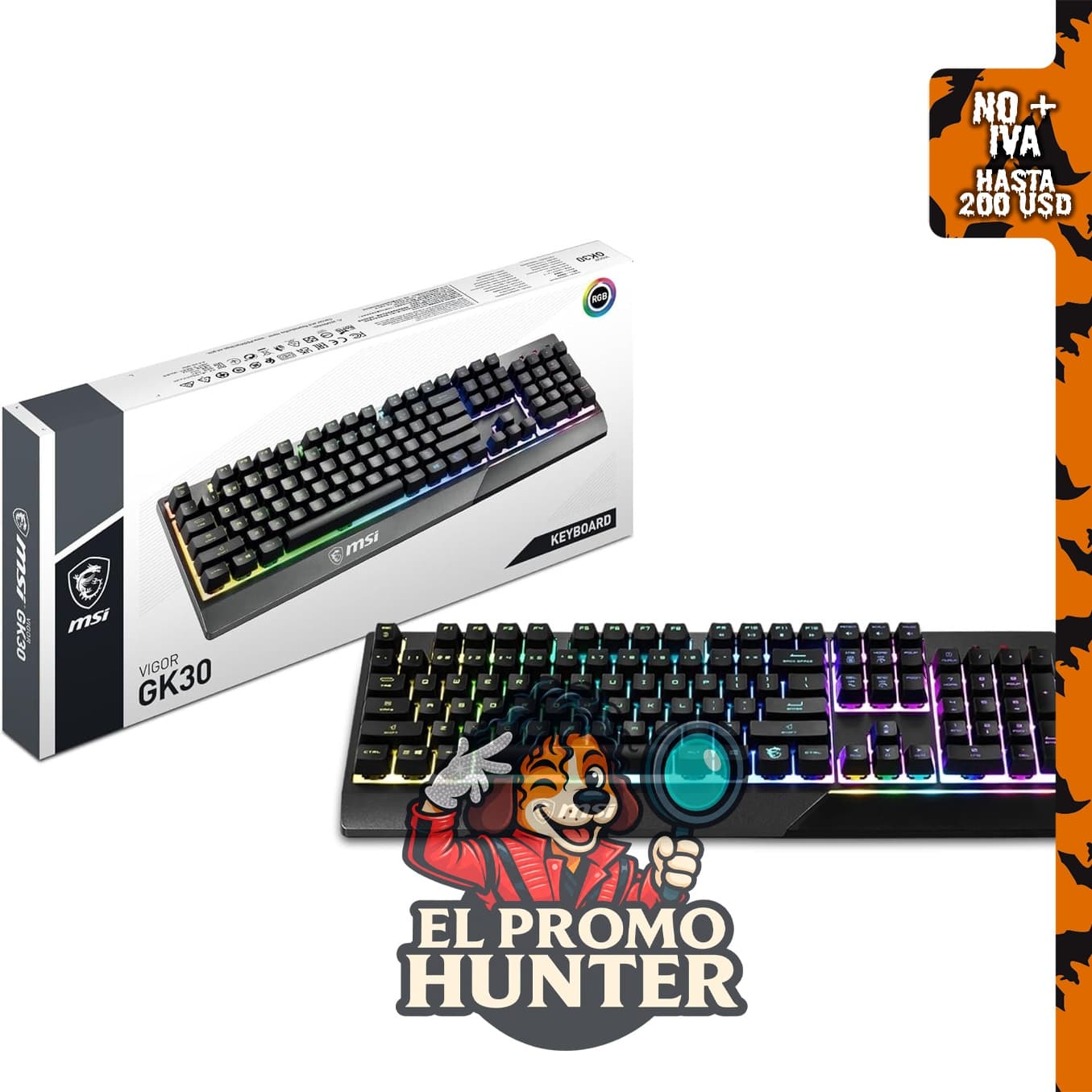 MSI Vigor GK30 - Teclado para juegos con iluminación RGB de 6 zonas, resistente al agua y salpicaduras, interruptores mecánicos.