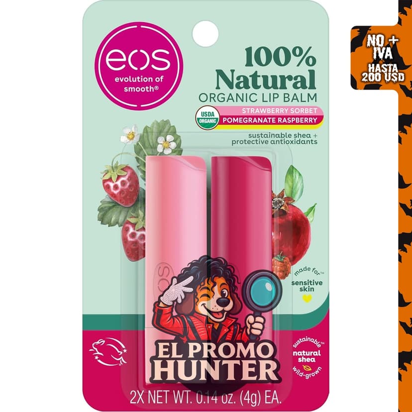 eos Bálsamo labial 100% natural, sorbete de fresa y granada, frambuesa, 0.14 oz (4 g), paquete de 2.