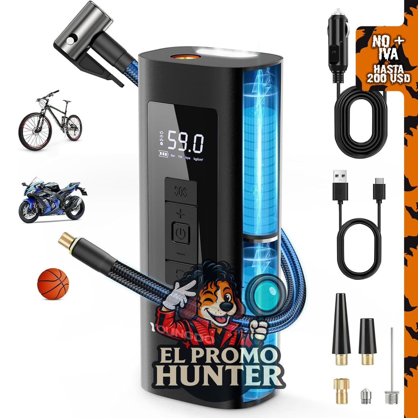 YOUNGDO Inflador de neumáticos portátil de 150 PSI con manómetro y luz LED para automóviles, motocicletas, bicicletas y pelotas.