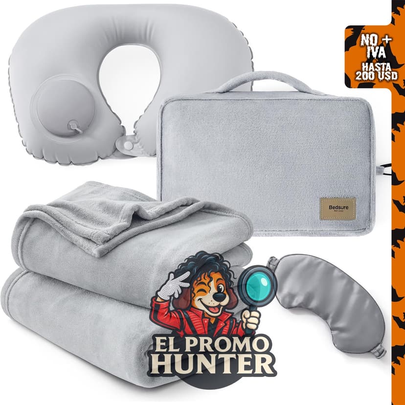 Bedsure Juego de manta de viaje con almohada inflable para el cuello.