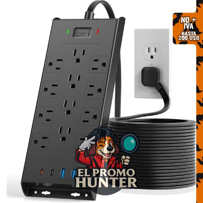 LeZone Tira de alimentación con protector de sobretensiones de 4800J, 10 pies de largo, 12 tomas y 4 puertos USB.