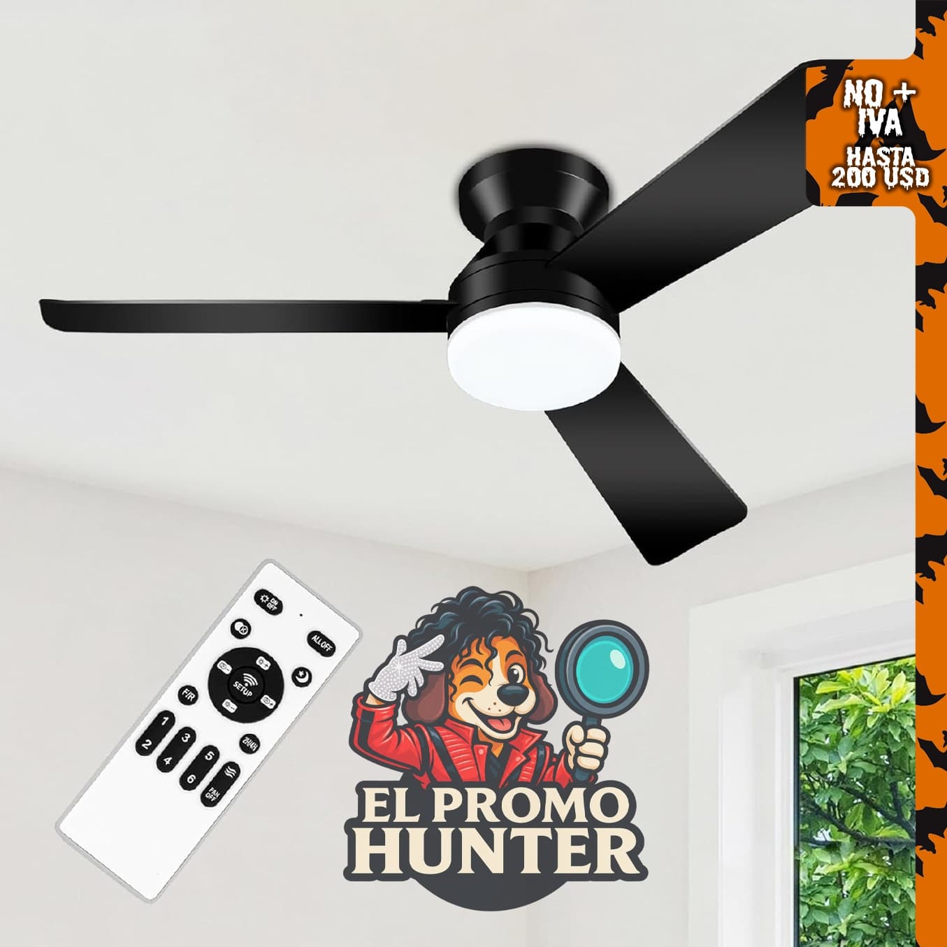 Ventilador de techo de 42" negro con luces y control remoto.