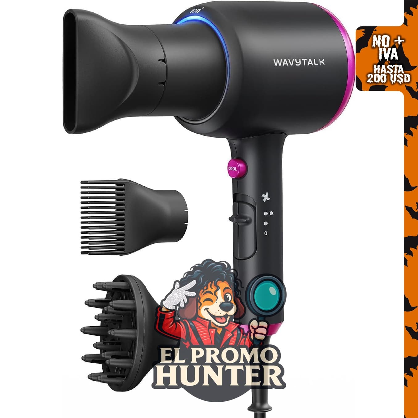 Secador de cabello iónico Wavytalk Blown Away con difusor para cabello rizado.