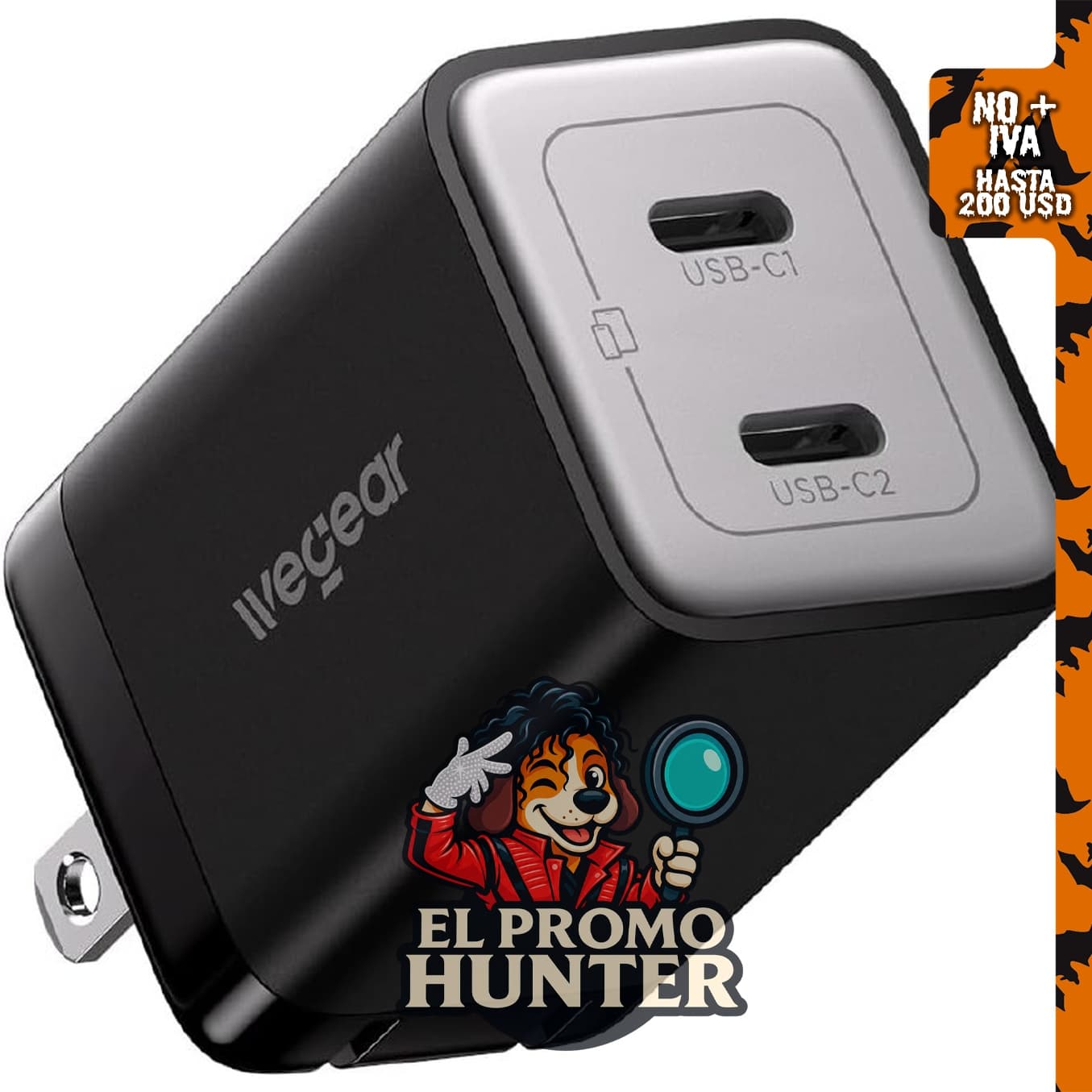 Cargador rápido Wegear GaN dual USB-C de 45 W, compacto y plegable, compatible con PD PPS QC4.0.