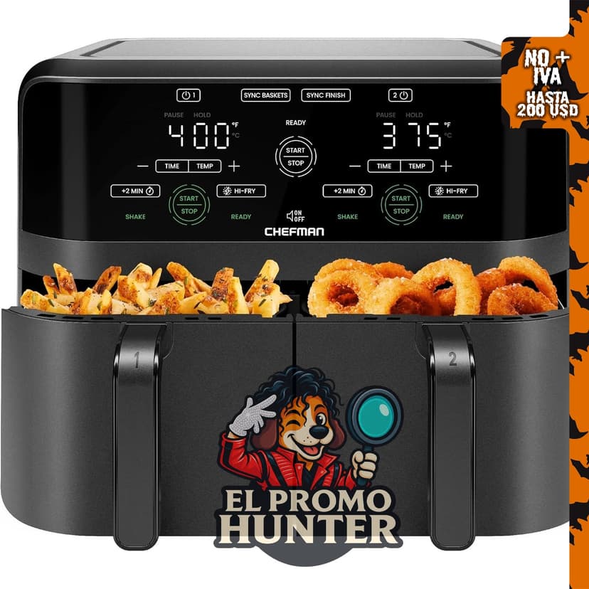 Chefman Freidora de Aire de Doble Canasta de 6 cuartos con pantalla táctil digital y apagado automático.
