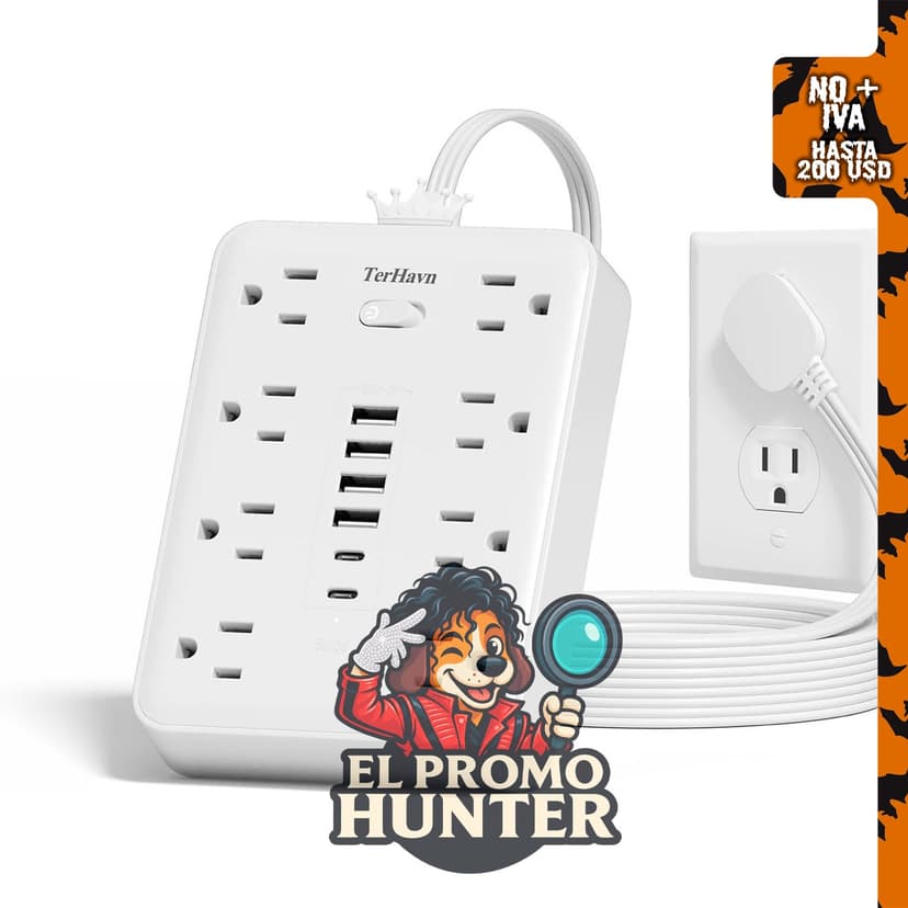 Surge Protector Power Strip con 8 tomacorrientes AC y 6 puertos USB, 17W, 5FT, 15A/1875W, color blanco.