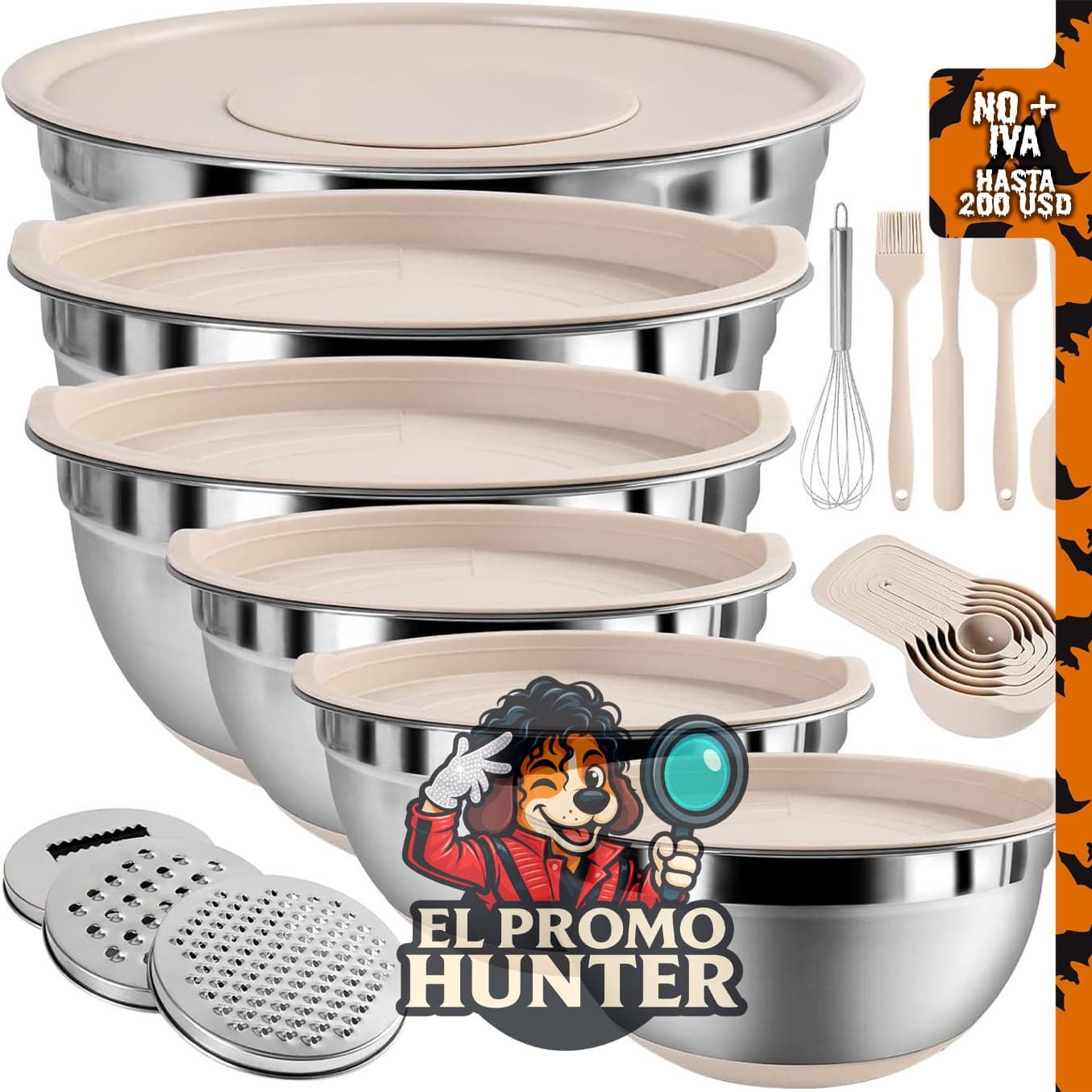 Juego de tazones de acero inoxidable con tapas herméticas y accesorios para rallar.
