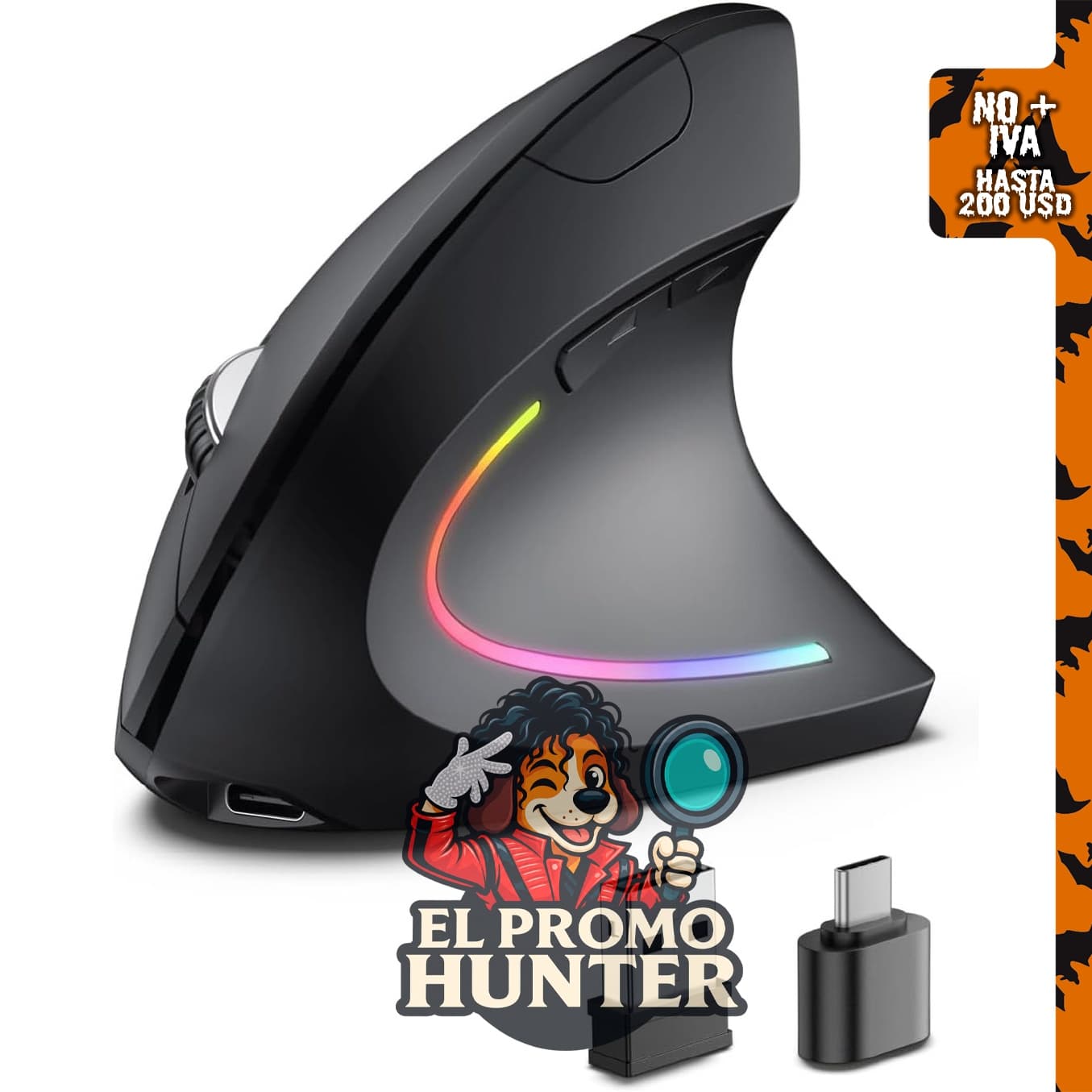 Ratón ergonómico inalámbrico POJTK, conexión Bluetooth, USB A y tipo C, hasta 4800 DPI, 6 botones silenciosos.