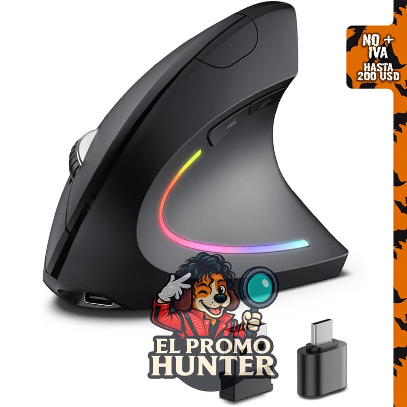 Ratón ergonómico inalámbrico POJTK, conexión Bluetooth, USB A y tipo C, hasta 4800 DPI, 6 botones silenciosos.