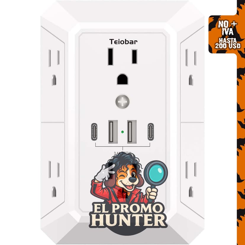 Protector contra sobretensiones de pared Teiobar con 6 salidas y 4 puertos USB.