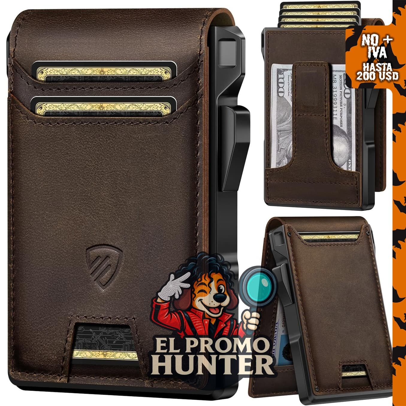 RUNBOX Cartera plegable de cuero genuino para hombres, tarjetero delgado.