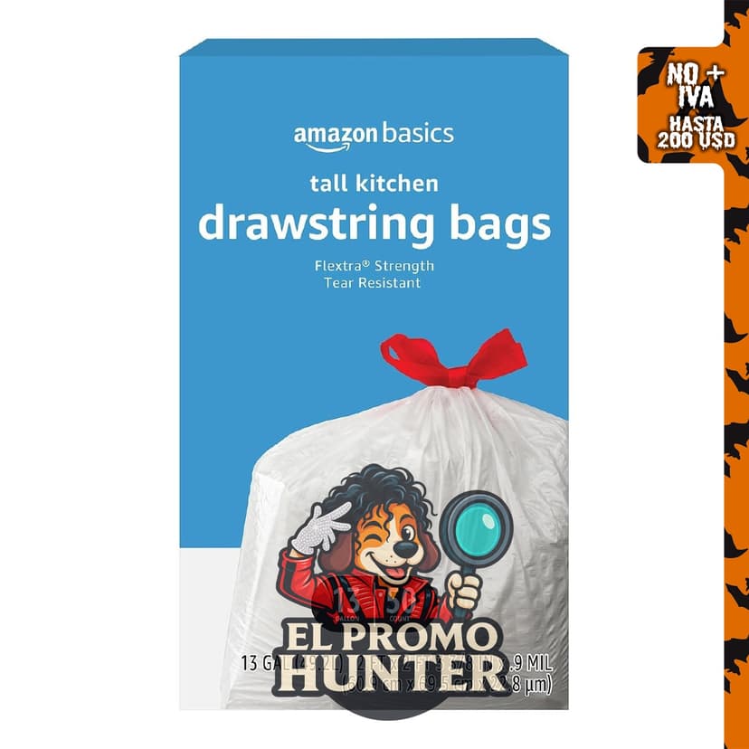 Amazon Basics Flextra - Bolsas de basura de 49.2 L con cordón, 50 unidades, resistentes al desgarro.