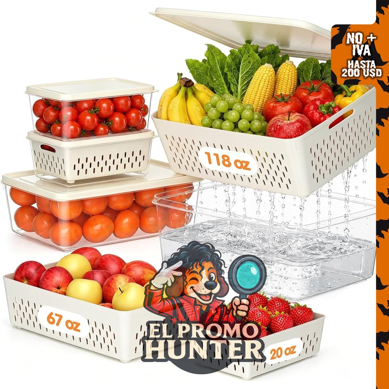 Paquete de 4 recipientes de almacenamiento de frutas para refrigerador.