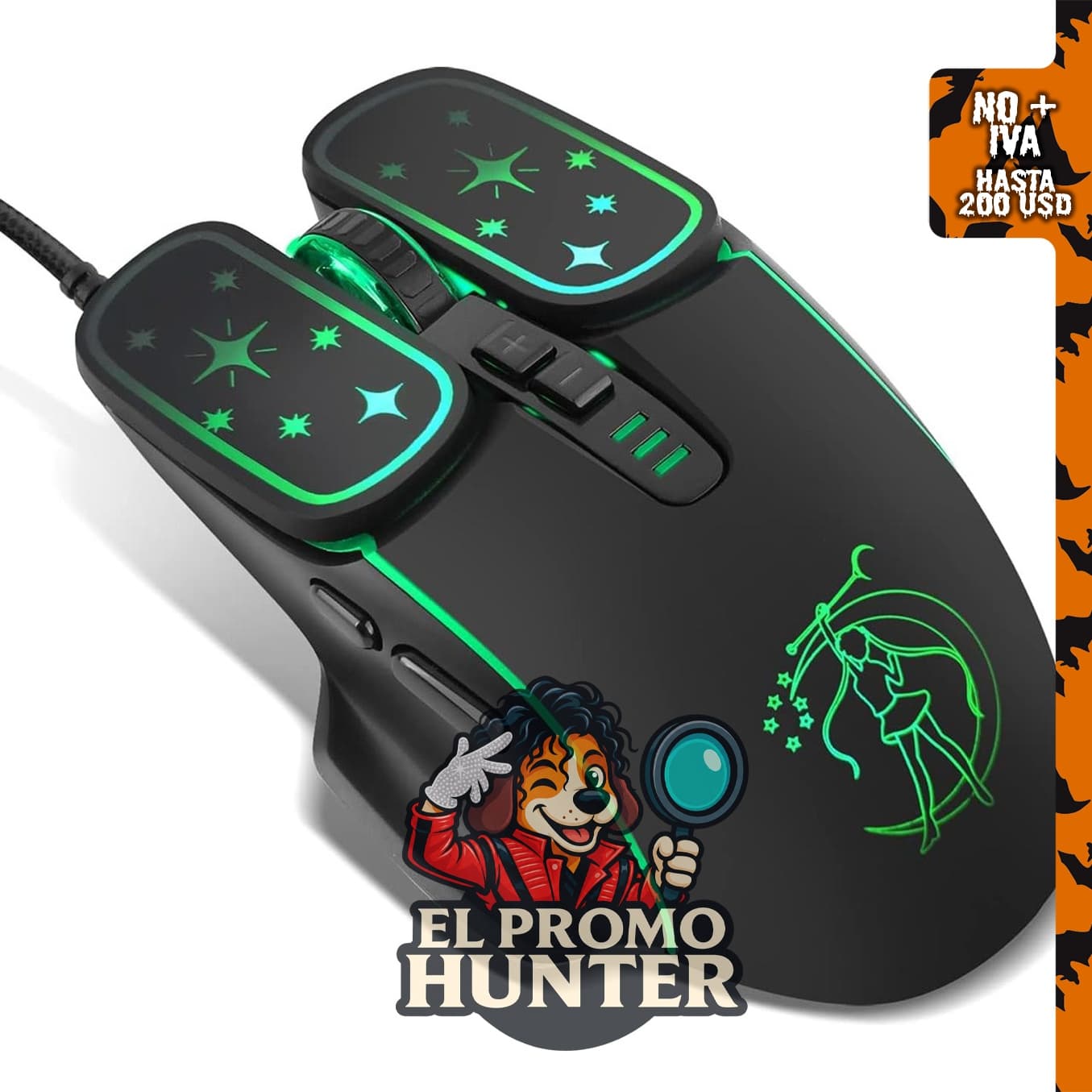 Ratón óptico ergonómico USB con cable, 7200 DPI, 6 botones y retroiluminación en 4 colores.