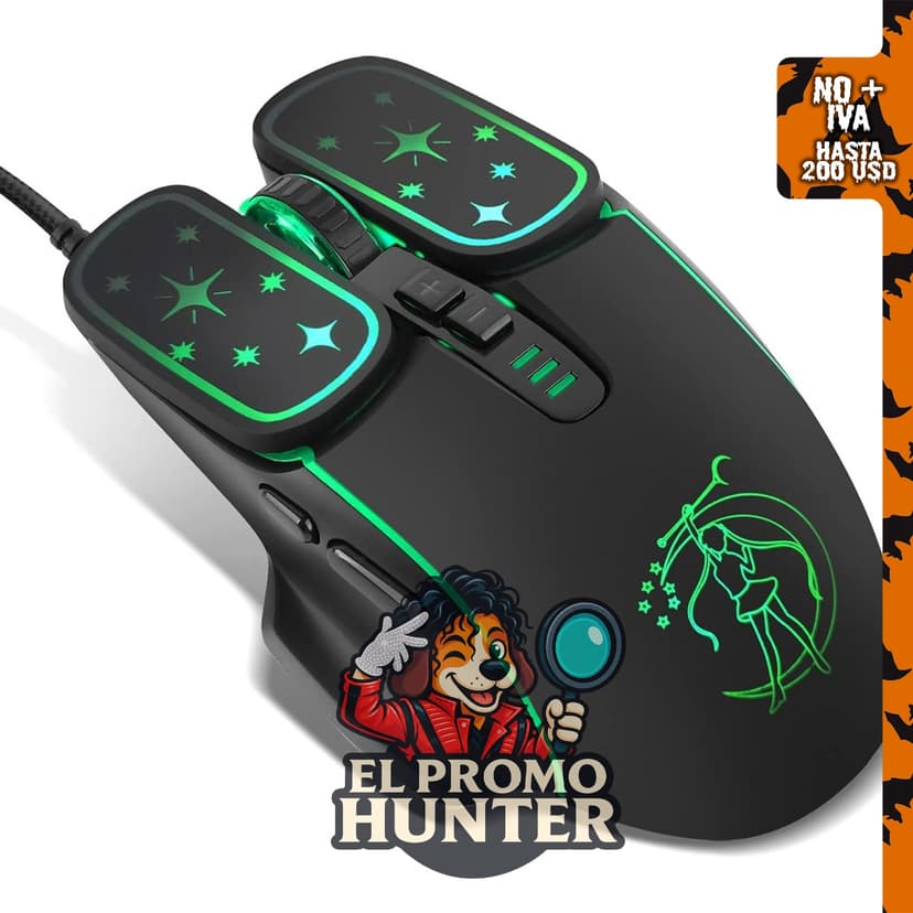 Ratón óptico ergonómico USB con cable, 7200 DPI, 6 botones y retroiluminación en 4 colores.