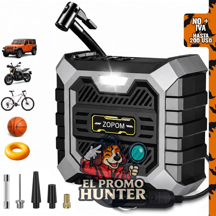 Compresor de aire portátil de 150 PSI CC 12V con medidor digital y luz LED.