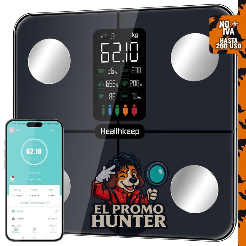 Báscula inteligente para peso corporal, digital con pantalla grande, IMC, grasa corporal y masa muscular.