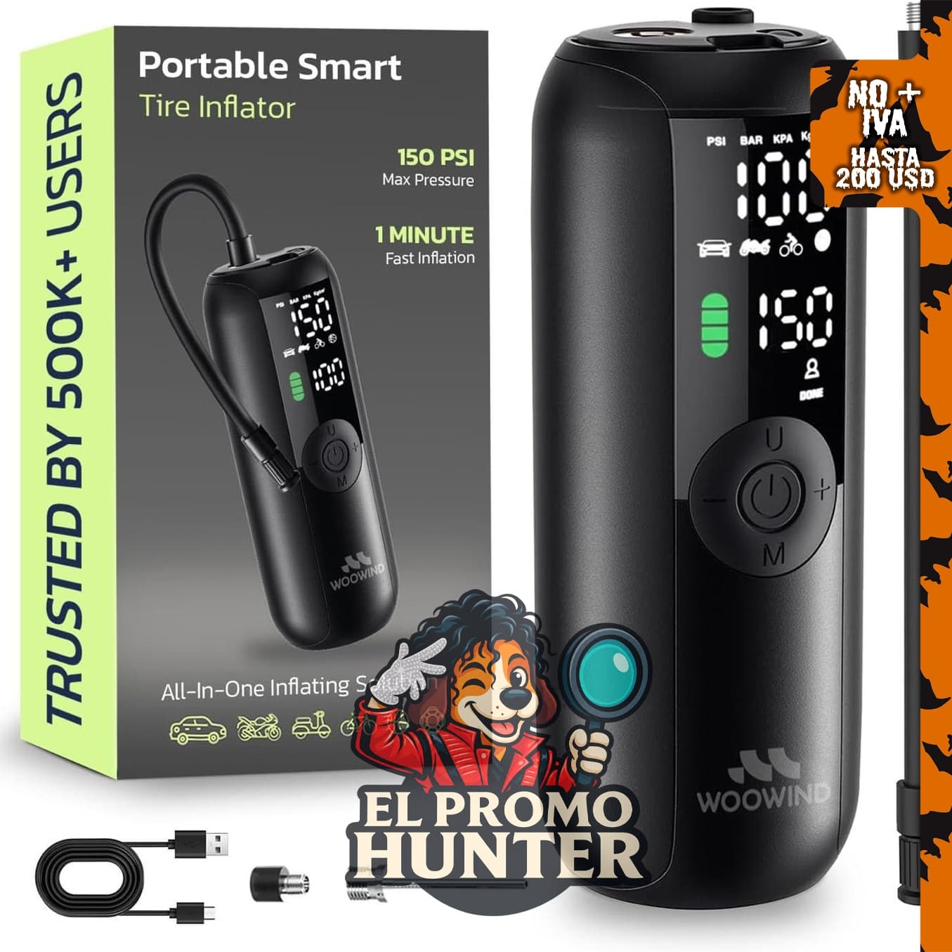 Compresor de aire portátil Woowind para bicicletas y automóviles, 150 PSI.