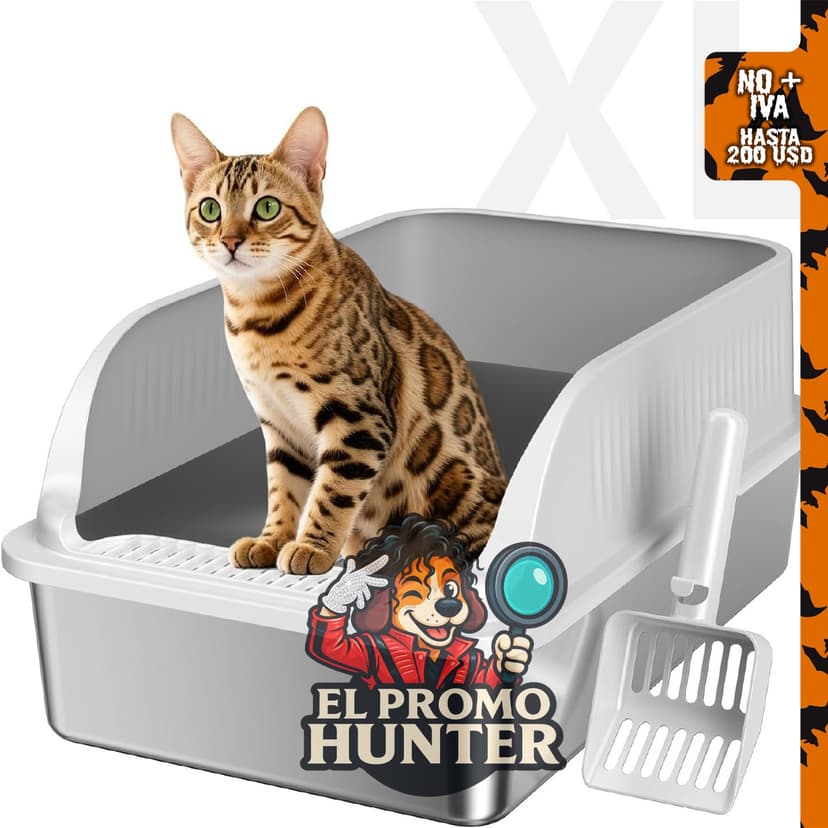 Caja de arena para gatos de acero inoxidable con tapa.