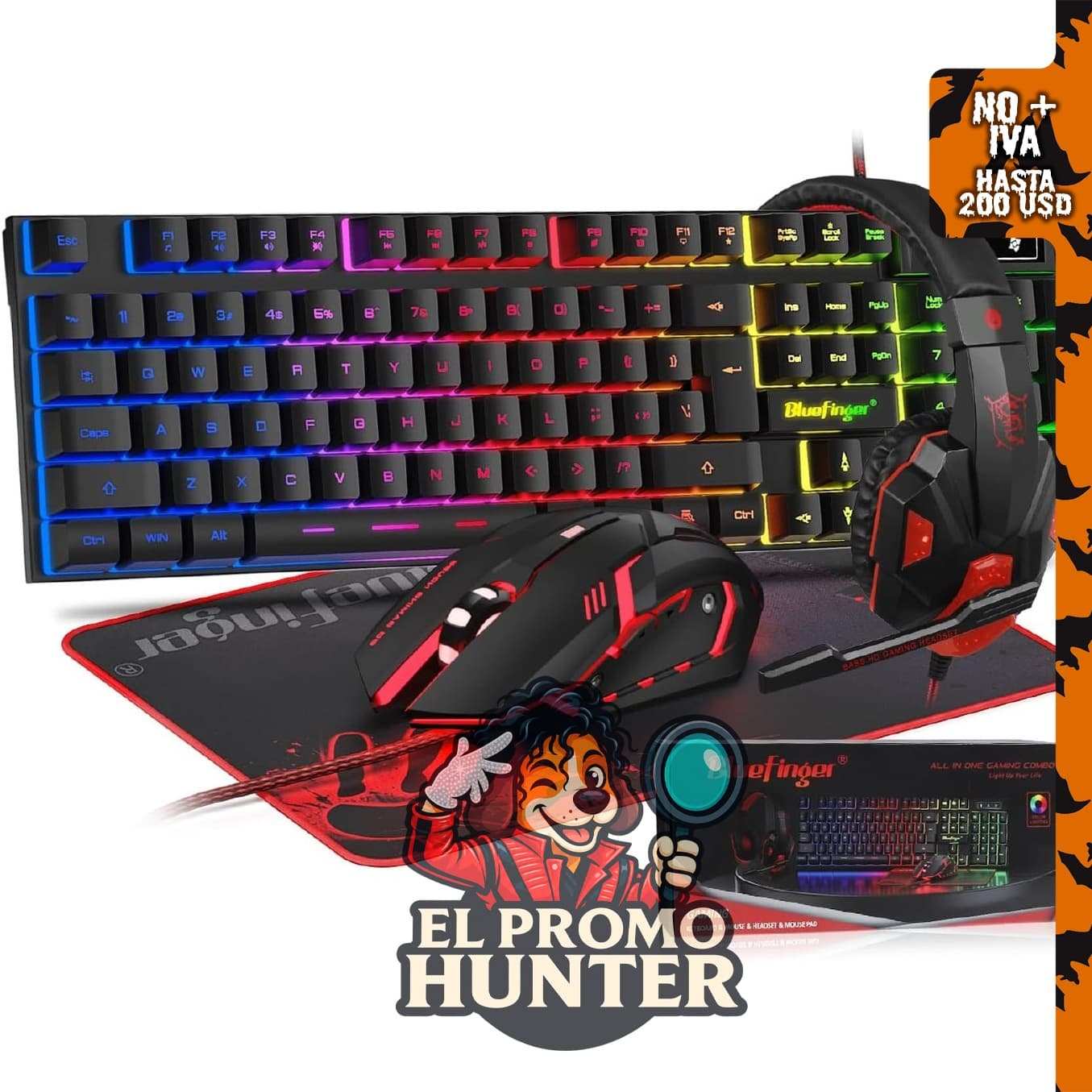 BlueFinger Combo de teclado RGB, ratón retroiluminado y auriculares con micrófono.