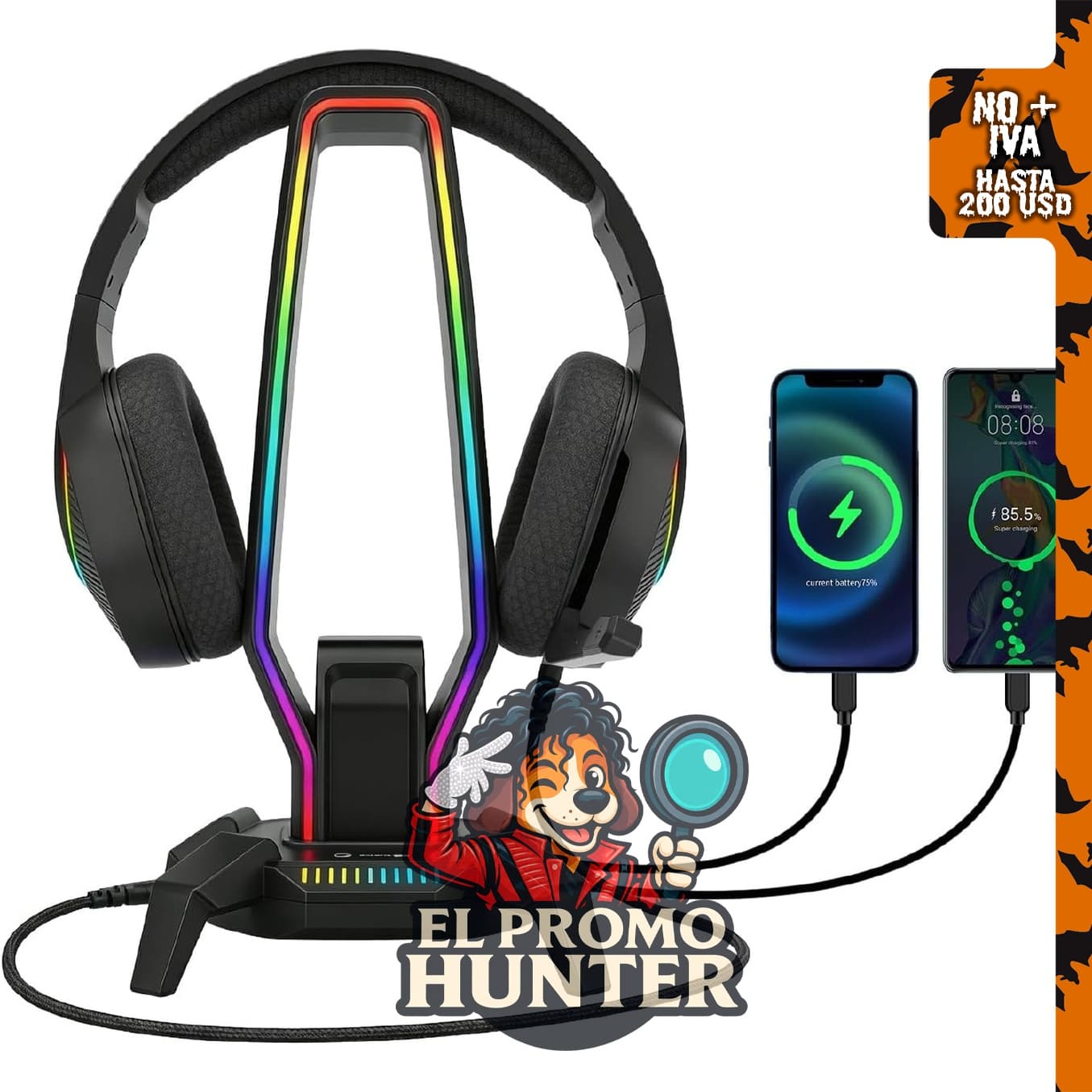 MARVO Soporte de auriculares RGB con 9 modos de luz, 1 USB-C, 3 puertos USB y 1 puerto jack de 3.5 mm.