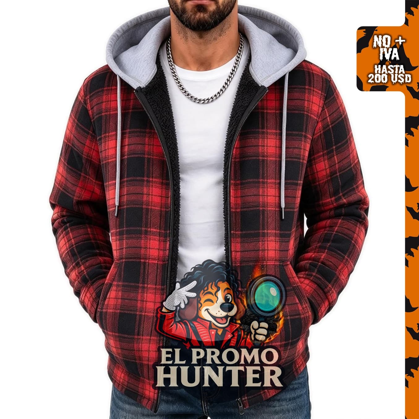 ZITY Chaqueta con capucha de franela y forro polar para hombre, diseño a cuadros, forro sherpa, cremallera y bolsillo.