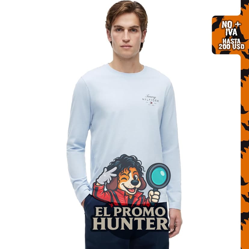 Camiseta gráfica de algodón de manga larga con cuello redondo y logotipo apilado de Tommy Hilfiger para hombre.