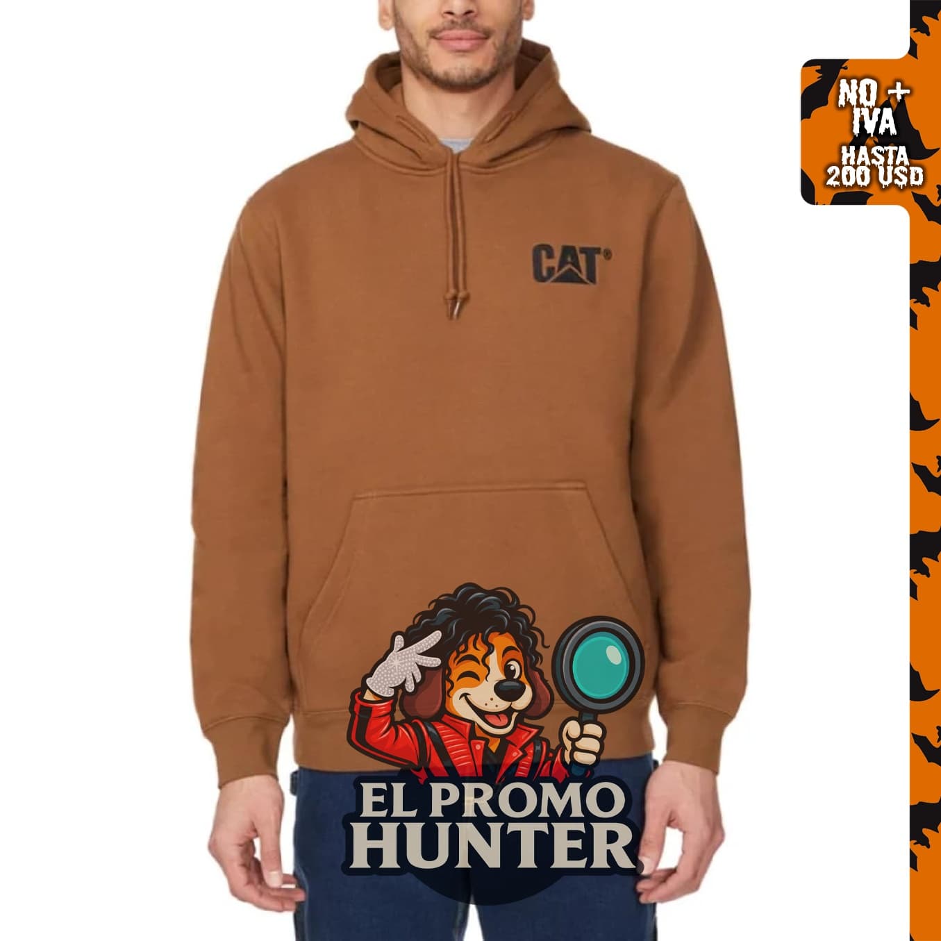 Sudadera con capucha CAT Caterpillar para hombre, logotipo bordado, color marrón claro, talla grande.