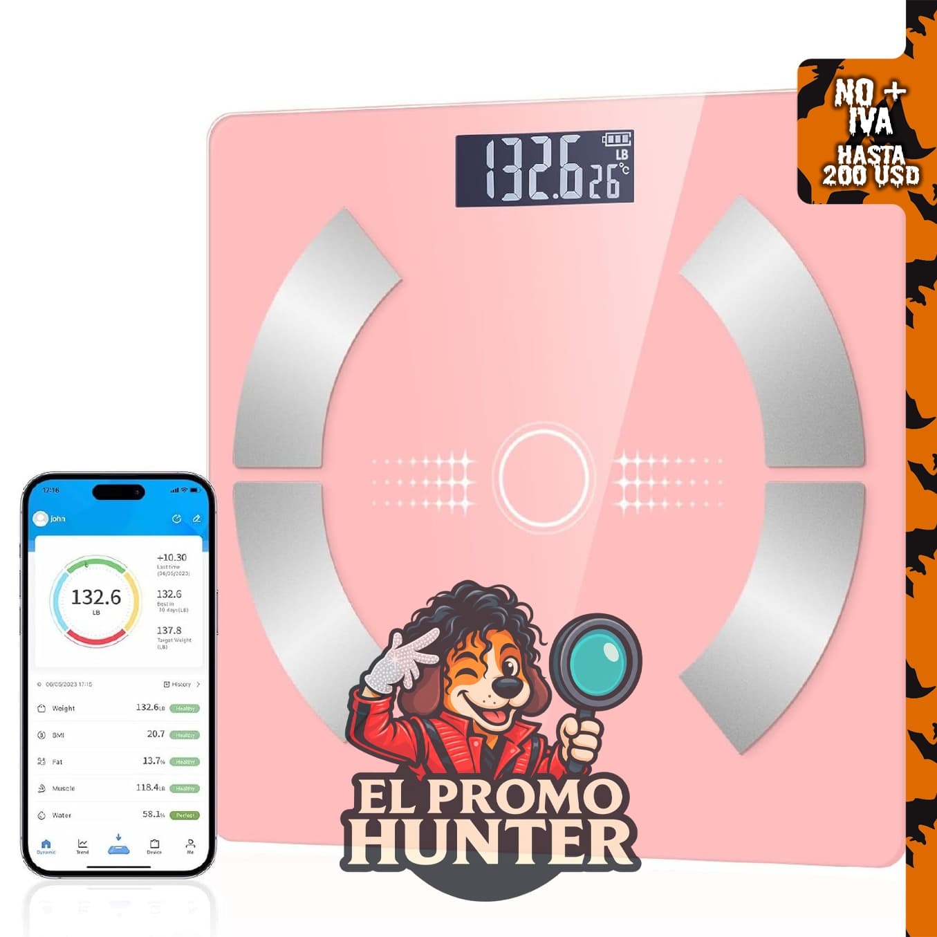Báscula inteligente Dnil con Bluetooth, mide grasa corporal, masa muscular, masa ósea, agua corporal, IMC y grasa visceral.