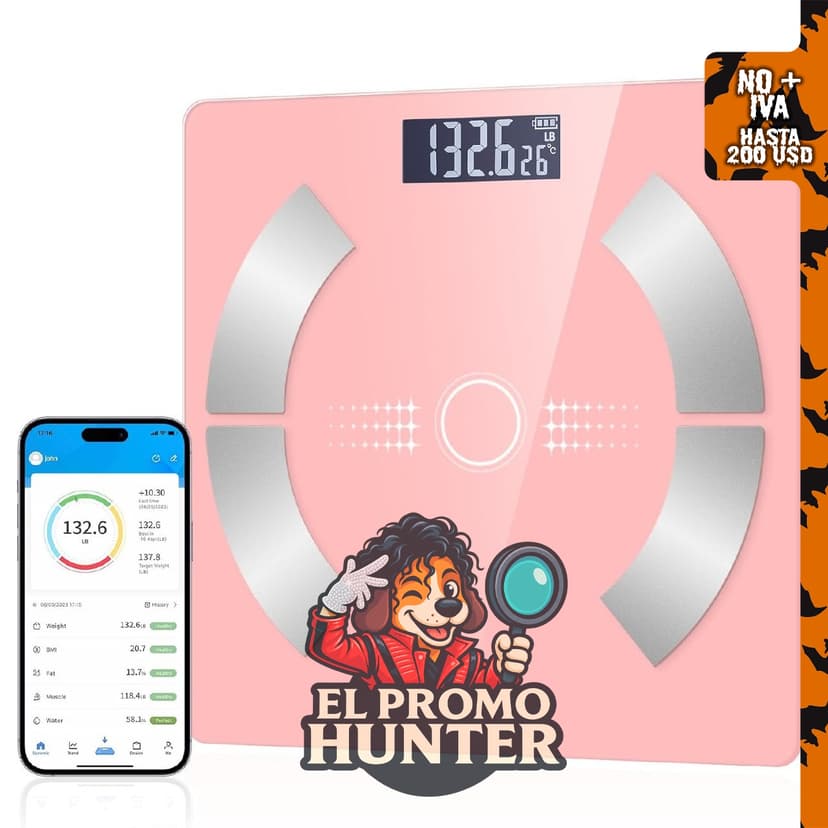 Báscula inteligente Dnil con Bluetooth, mide grasa corporal, masa muscular, masa ósea, agua corporal, IMC y grasa visceral.