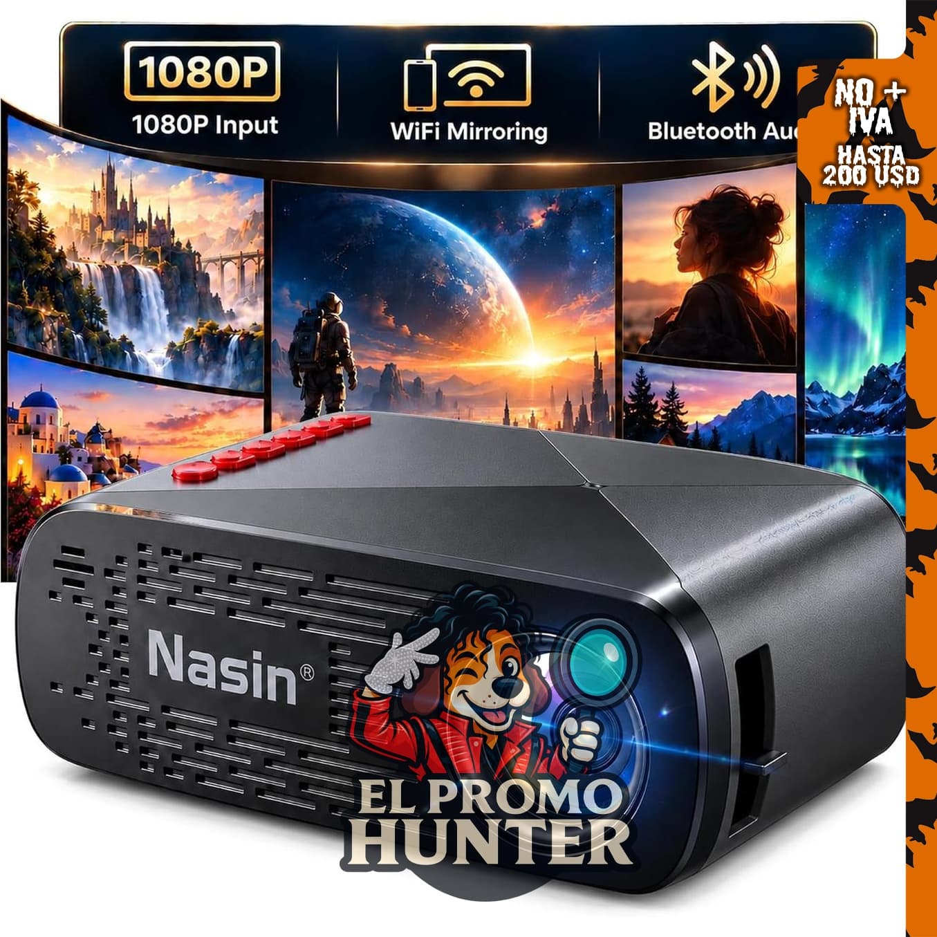 Proyector portátil Nasin con WiFi y Bluetooth, compatible con entrada 1080P.