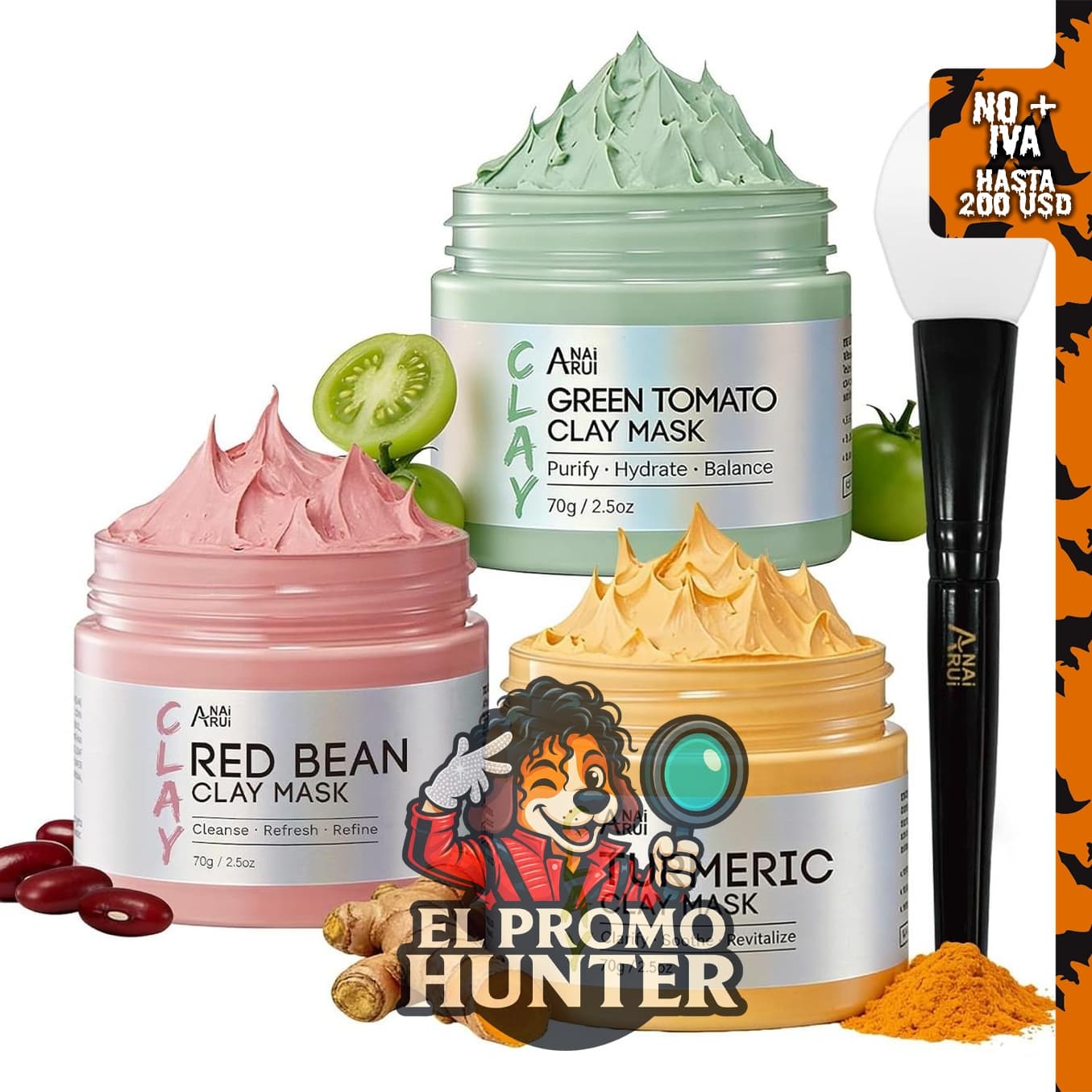 ANAI RUI Juego de 3 máscaras de arcilla verde y cúrcuma de frijoles rojos.