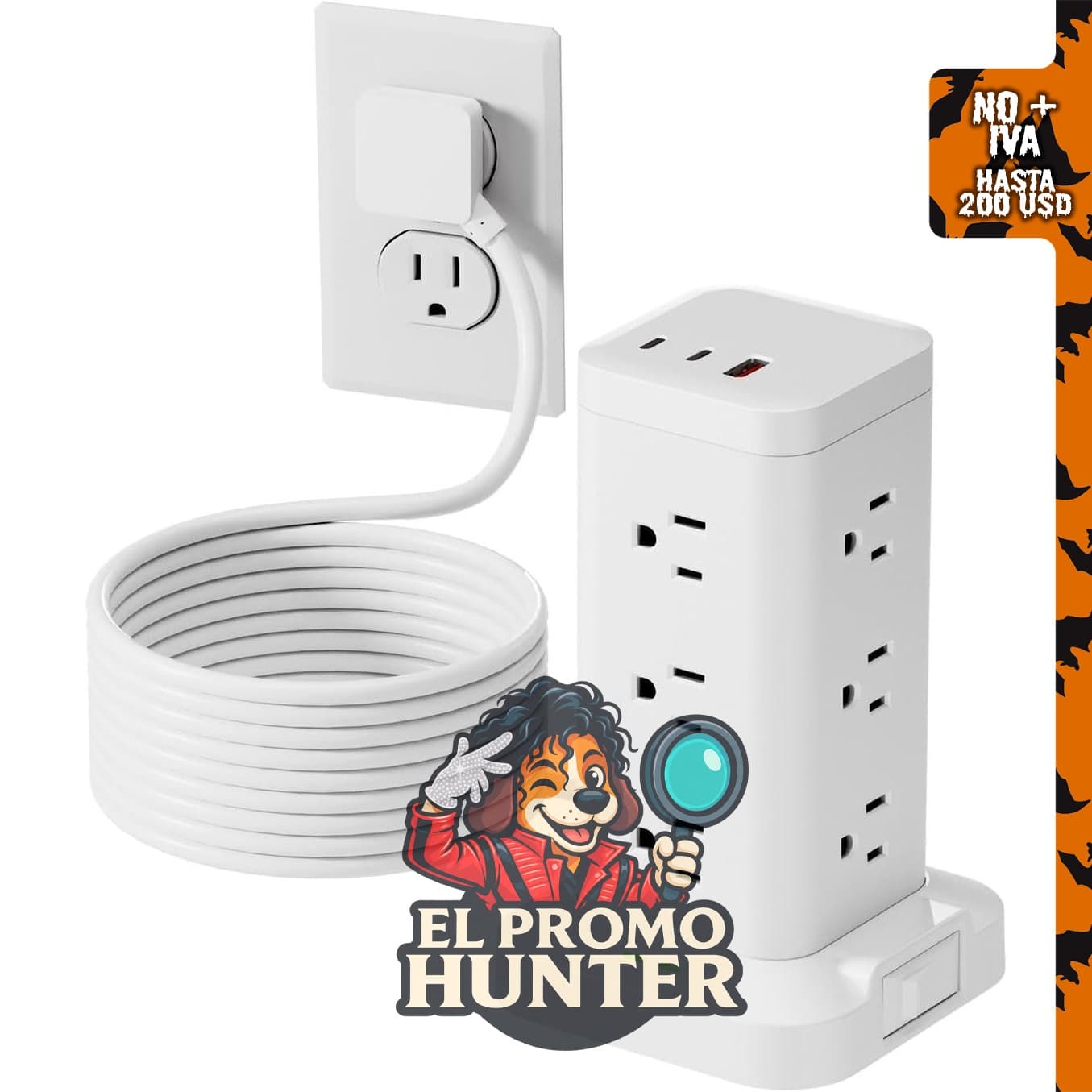 Regleta de alimentación 12AC con 3 puertos USB y protector contra sobretensiones, cable de 10 pies.