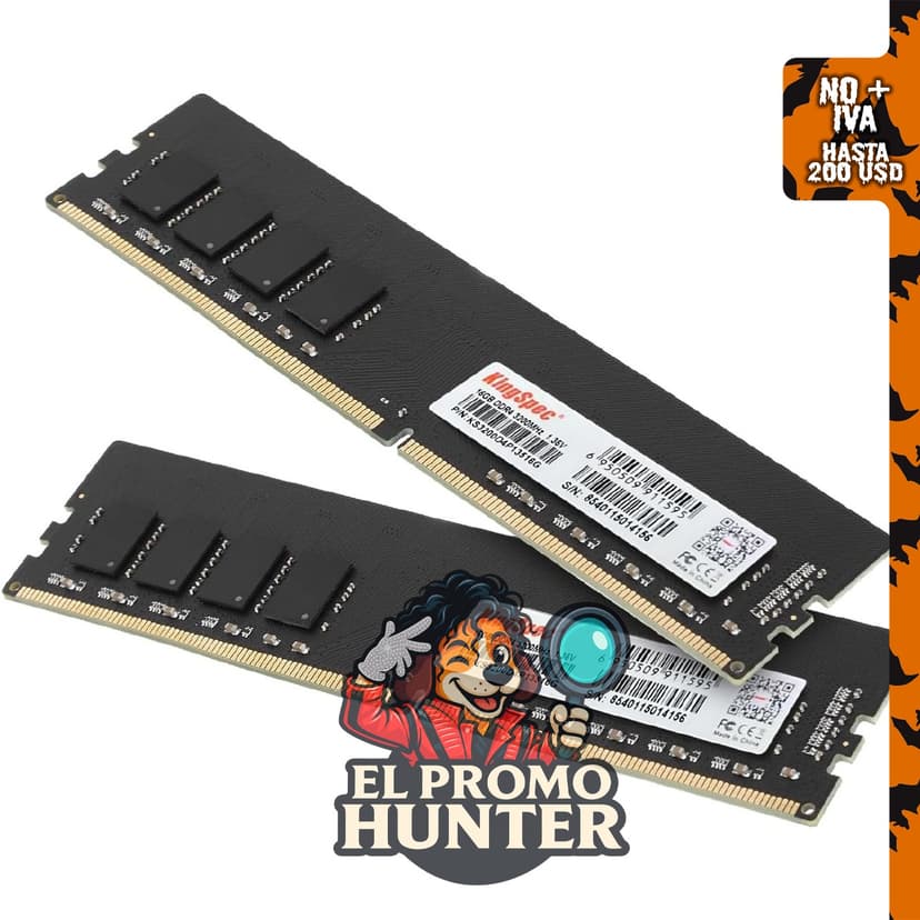 KingSpec 32GB (2x16GB) DDR4 RAM 3200MHz, memoria DIMM de 288 pines, CL18 1.35V, compatible con la mayoría de PCs.