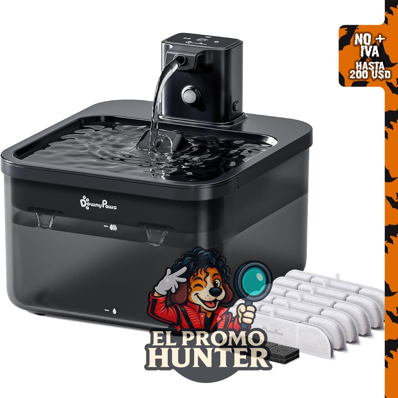 Fuente de agua para gatos DownyPaws, inalámbrica, color negro, incluye 6 filtros.