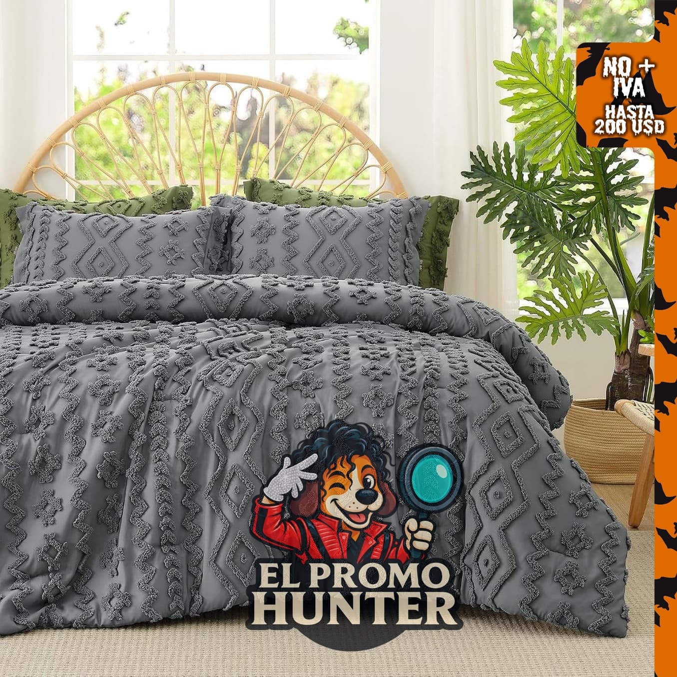 Juego de edredón bohemio Amélie Home, tamaño individual, 2 piezas, color gris.