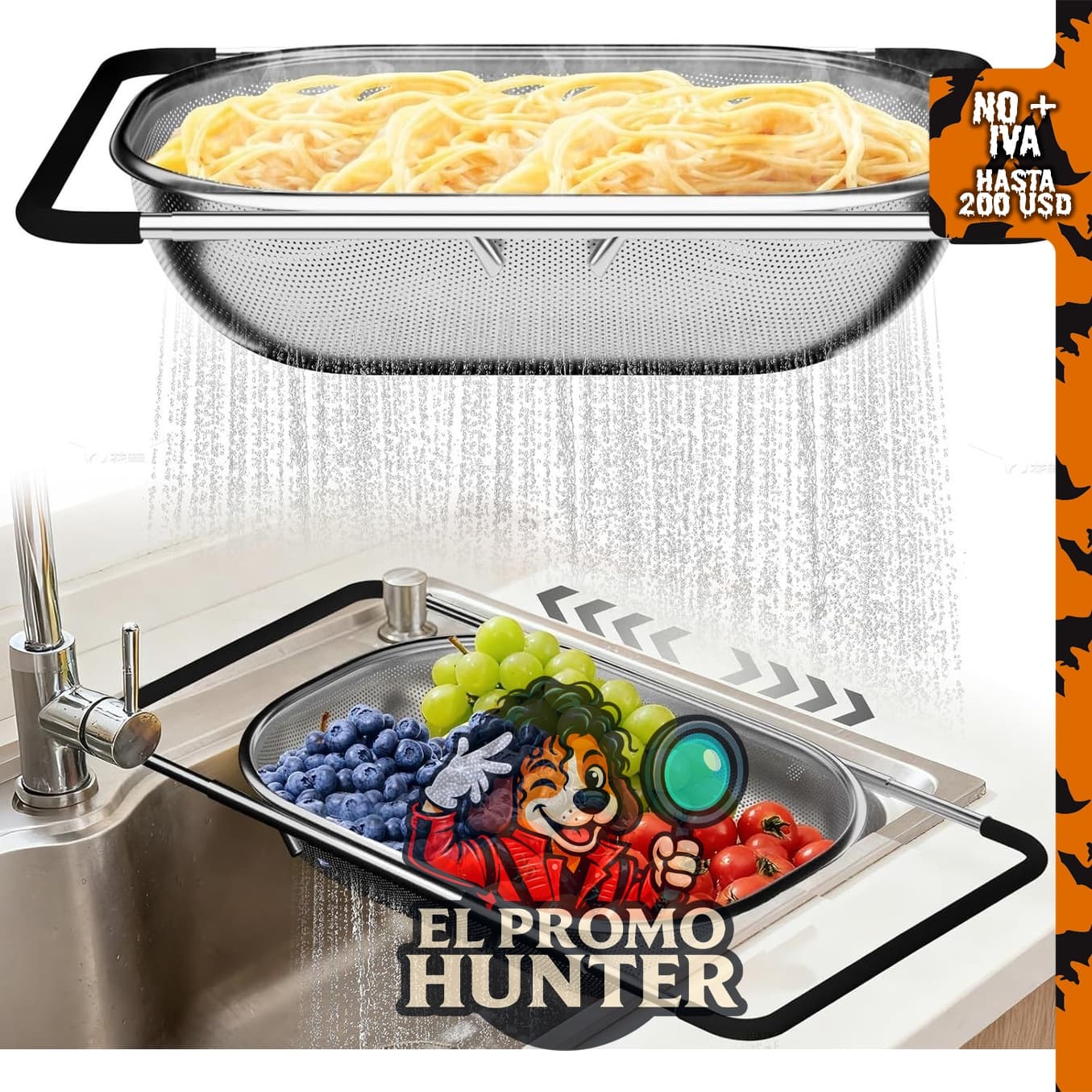 Colador de malla fina expandible con agarre de goma para fregadero, adecuado para verduras, frutas y pasta.