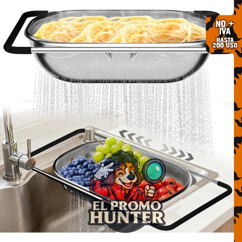 Colador de malla fina expandible con agarre de goma para fregadero, adecuado para verduras, frutas y pasta.