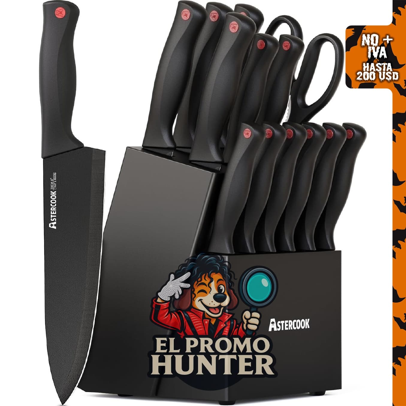 Astercook Juego de cuchillos de 15 piezas con bloque, acero inoxidable alemán, aptos para lavavajillas.