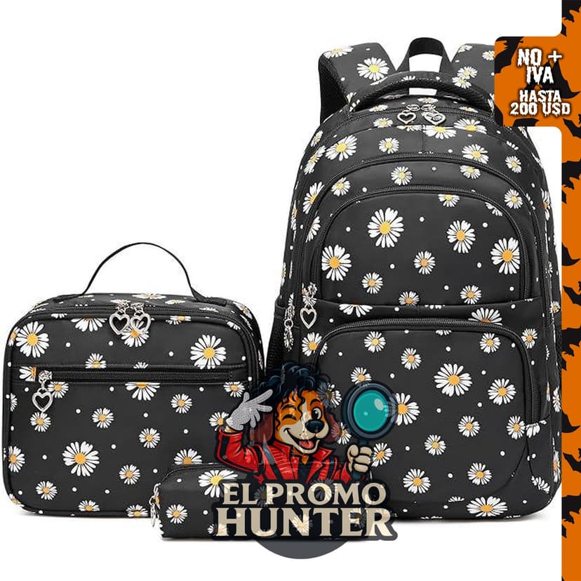 Mochila escolar Joyfulife resistente al agua con diseño de margaritas, incluye bolsa de almuerzo y estuche para lápices.