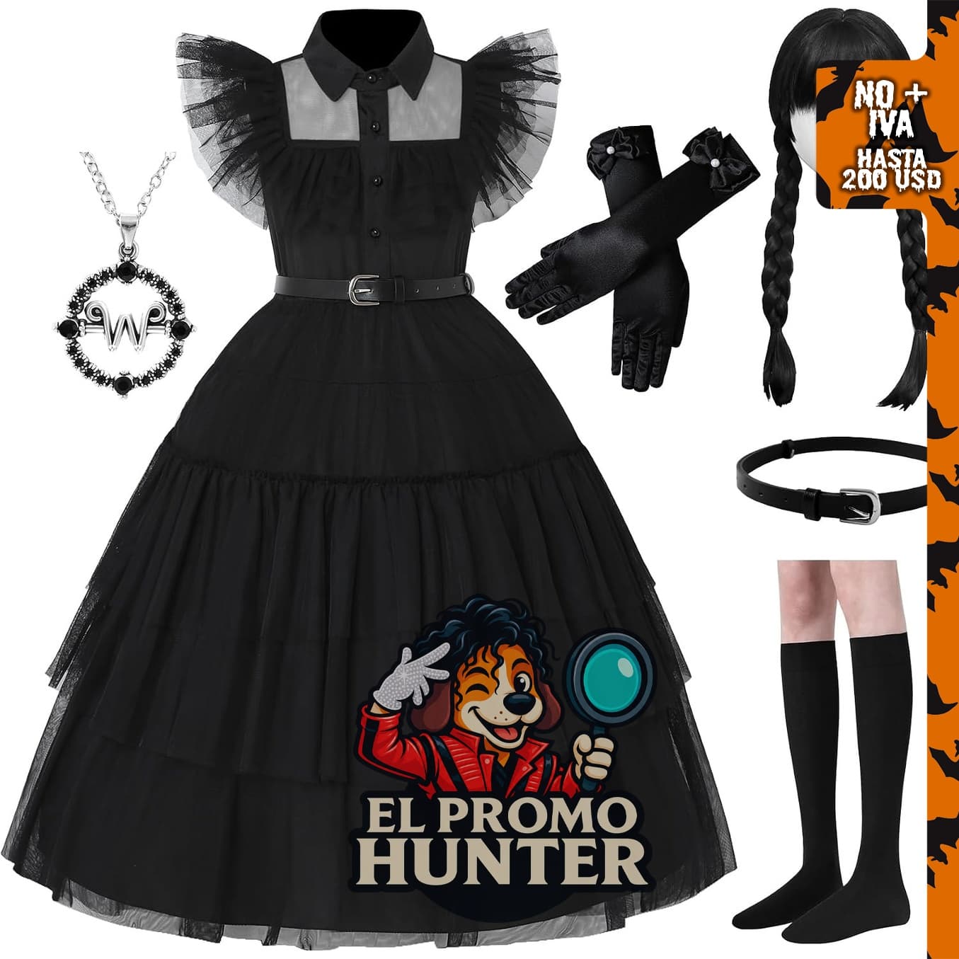 Vestido de disfraz negro para niña, talla 5-12T, incluye accesorios.