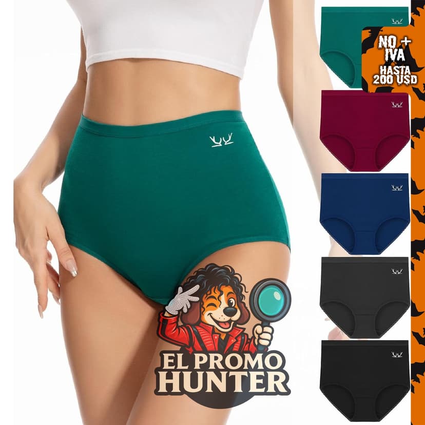 PULIOU Braguitas de algodón de talle alto para mujer, pack de 5, con cobertura completa y material transpirable.