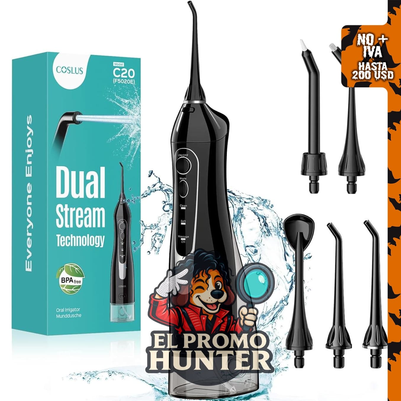 Irrigador bucal portátil inalámbrico de 10.1 fl oz, recargable y resistente al agua IPX7.