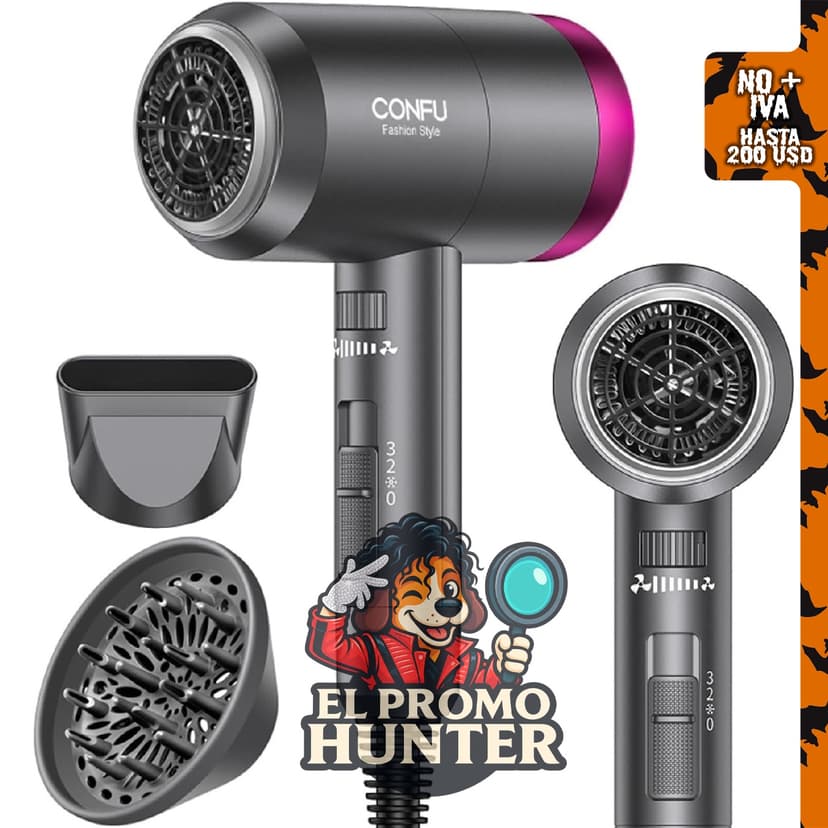 Secador de pelo iónico CONFU de 1600 W, portátil y ligero, con 3 ajustes de calor y velocidad.
