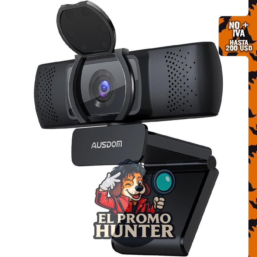 AUSDOM Cámara web AF640 1080P, USB, 90 ° FOV, con micrófono y cubierta de privacidad.
