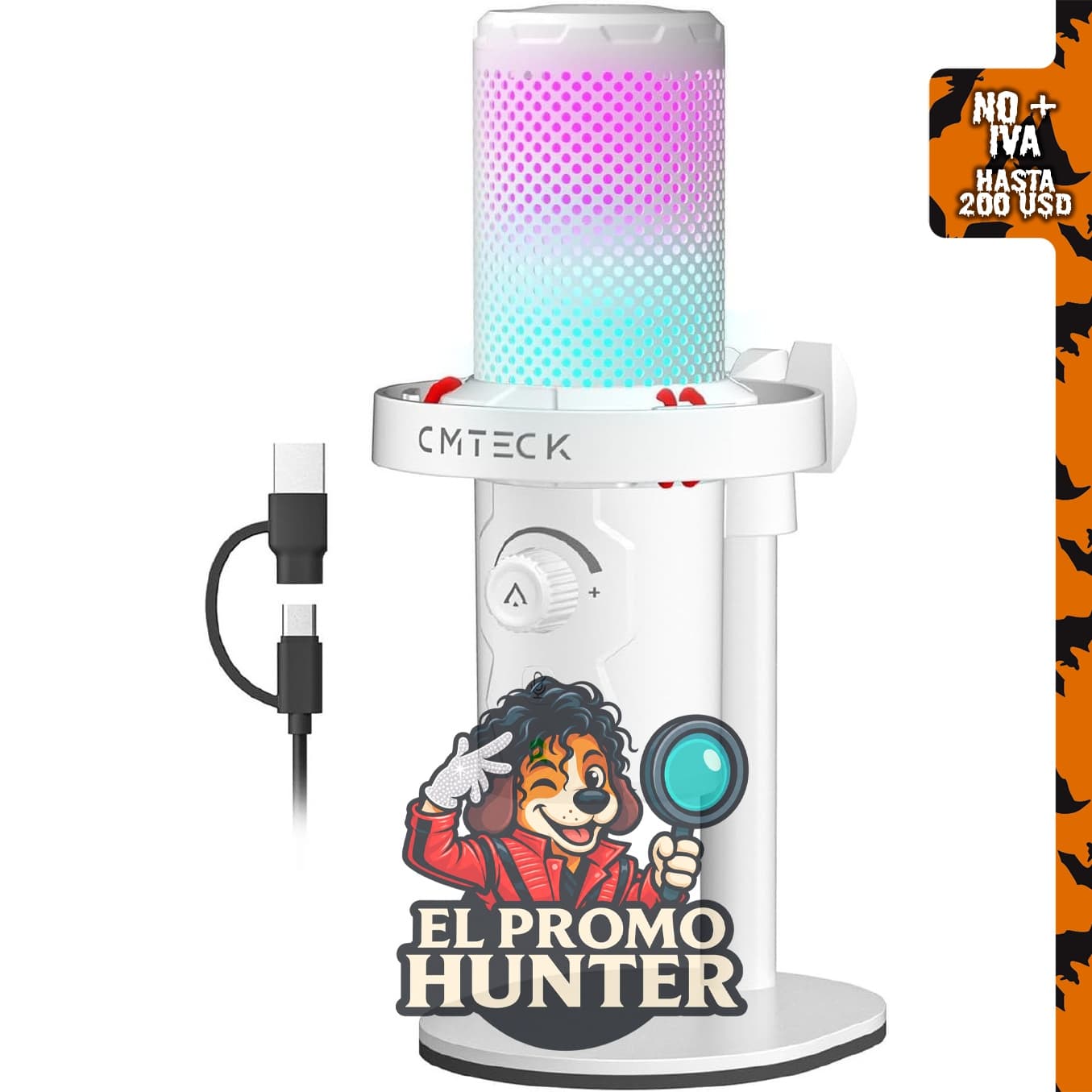 CMTECK Micrófono USB con luz RGB personalizable para PC.