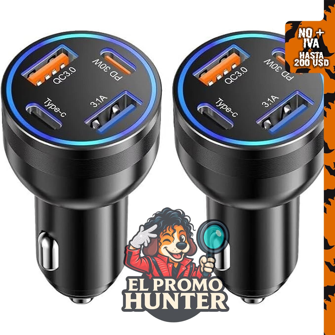 Cargador de coche USB C de 65W con adaptador PD30W para carga rápida.