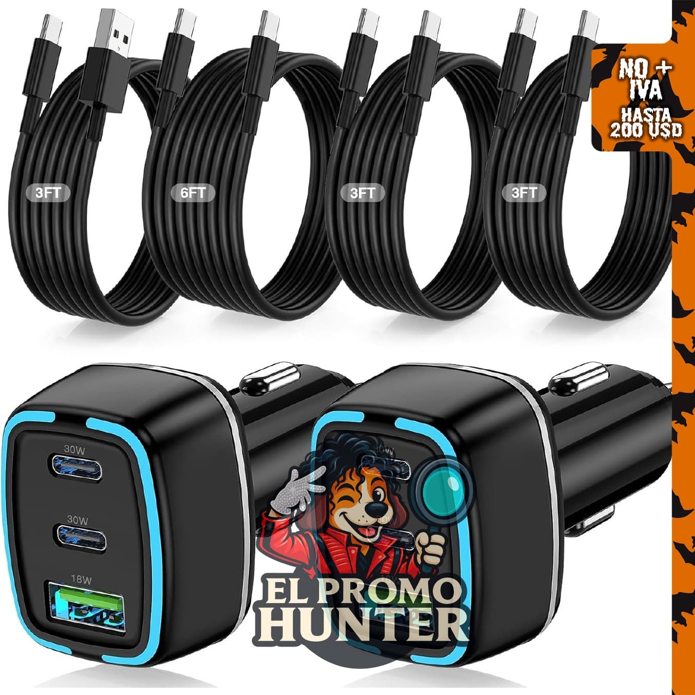 Cargador de coche QZVOO de 75W USB C con 3 puertos para carga rápida.