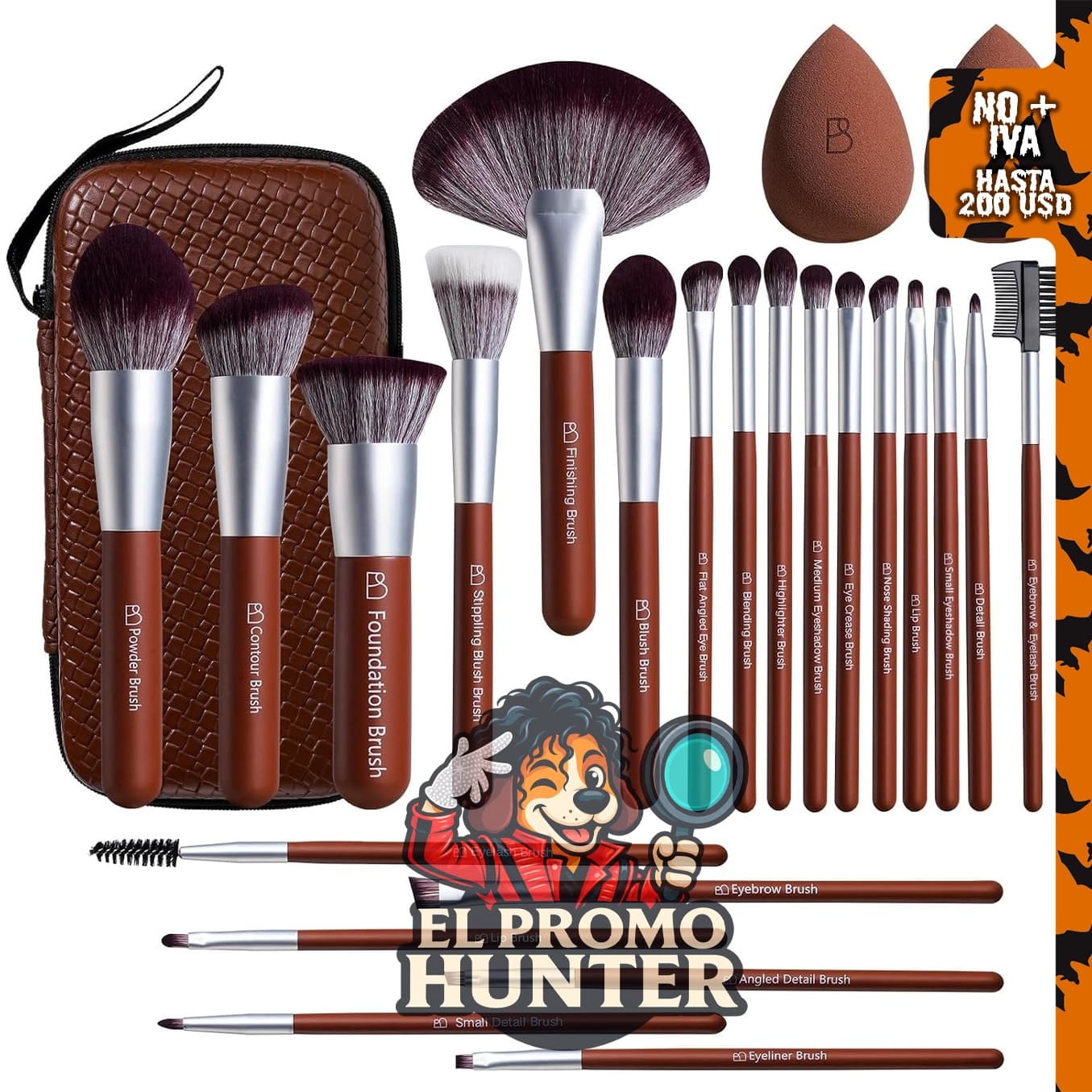 BS-MALL Juego de 22 brochas de maquillaje profesional con 2 esponjas y estuche EVA.