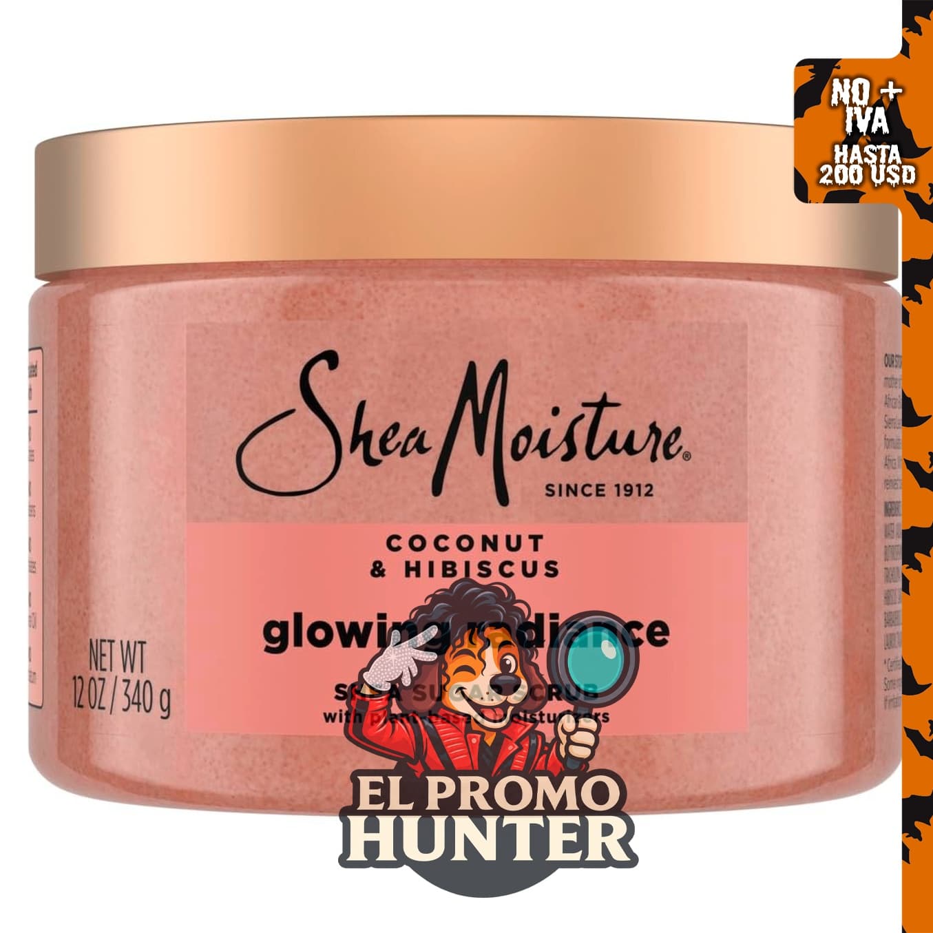 SheaMoisture Exfoliante Corporal de Azúcar de Karité, 12 oz, con ingredientes de coco y hibisco.